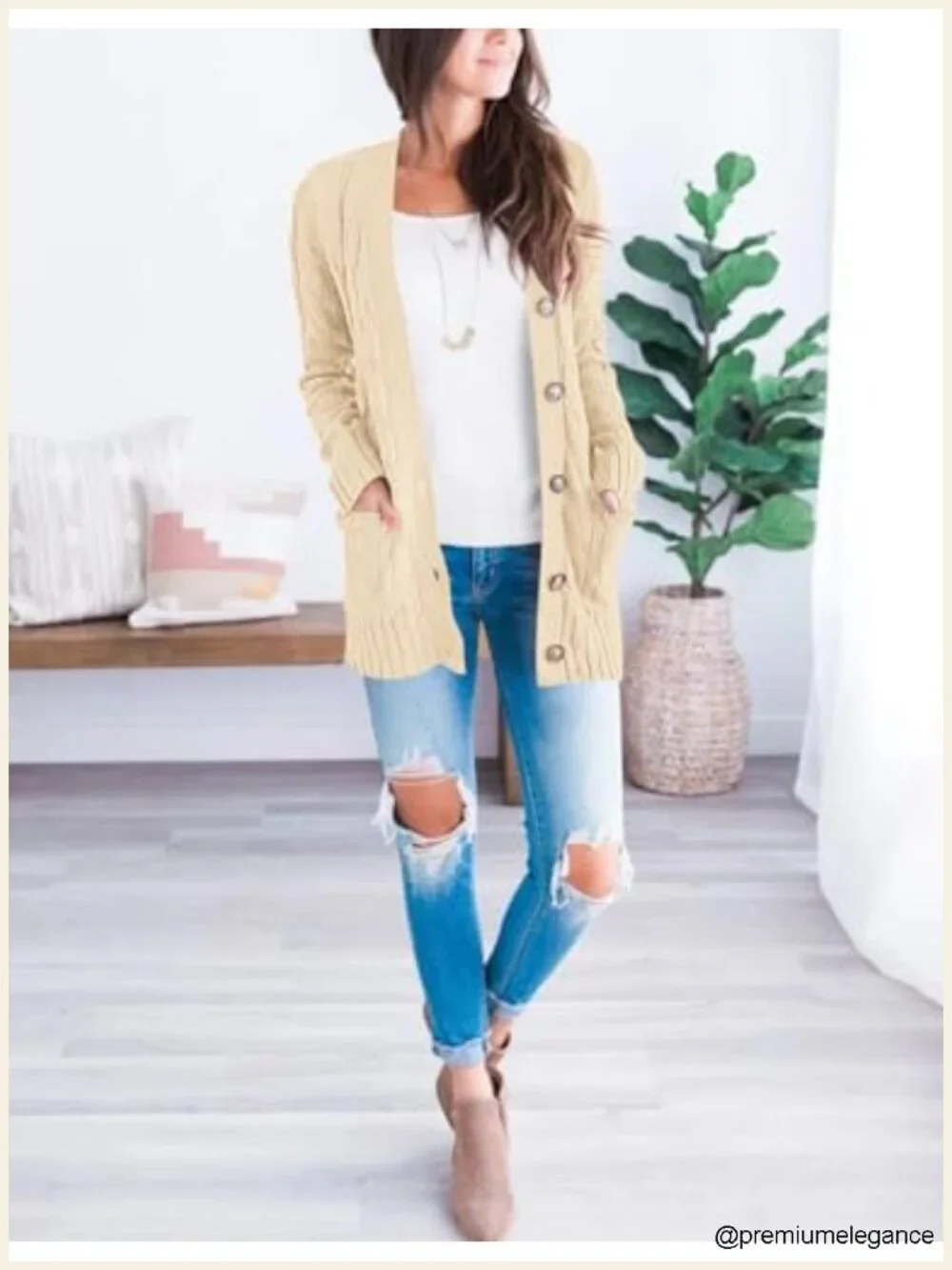 Acrylic Cable Knit Cardigan Sweater Long Sleeve Button Down V-Neck